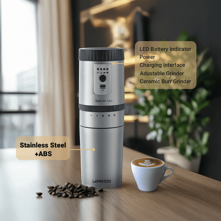 LePresso Portable Burr Mini Grinder and Coffee Maker with Type-C Charging Port, Adjustable Grind Size, Drip Filter, Travel Mug, 250mL Mug Capacity, 18g Coffee Bean Capacity, 1600mAh Battery - Silver
