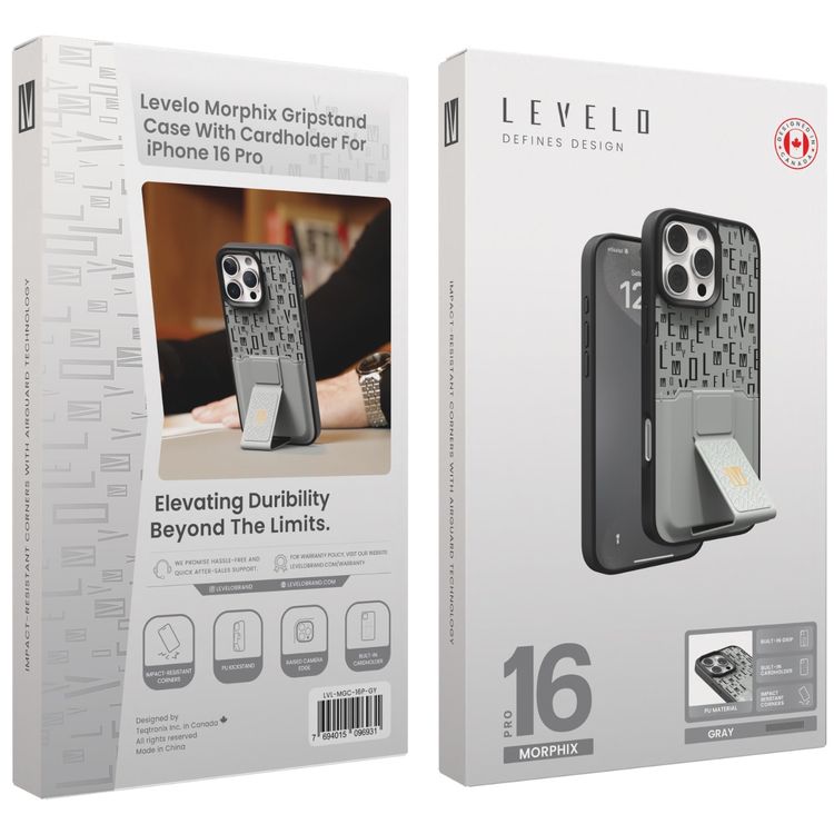 حافظة Levelo Morphix Gripstand مع حامل بطاقات لهاتف iPhone 16 Pro، حامل بطاقات مدمج، زوايا مقاومة للصدمات، ملمس نحيف بدون غطاء، حافة كاميرا مرتفعة، مادة فائقة المتانة