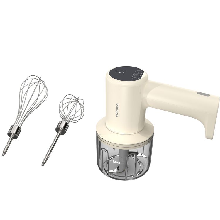 porodo لايف ستايل خلاط يدوي متعدد الوظائف قابل لإعادة الشحن 2 في 1 مع مفرمة وخافق، حماية من التيار الزائد، وظيفية لاسلكية، حماية من التفريغ الزائد، 3 أوضاع خفق، 3 أوضاع فرم، تصميم مريح، 3 مستويات سرعة، لوحة لمس LED، سعة 300 مل، تحكم باللمس - بيج