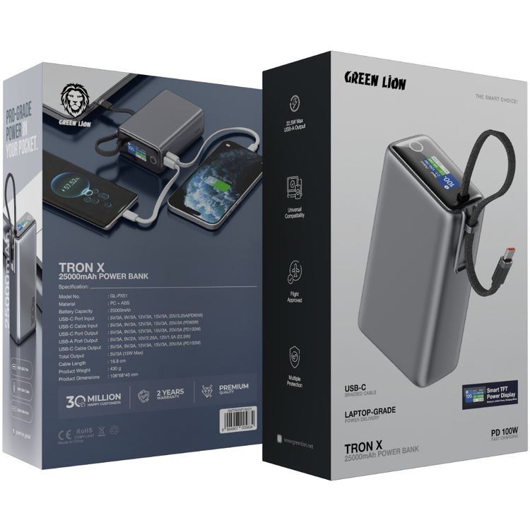باور بانك Green Lion Tron X بسعة 25000 مللي أمبير مع شاشة طاقة ذكية، منافذ USB-C و USB-A، معتمد للطيران، كابل USB-C مدمج، دعم الشحن السريع - رمادي