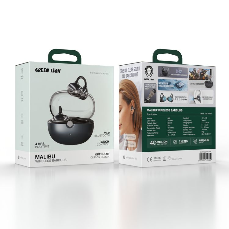 Green Lion Malibu Wireless Earbuds with Voice Assistant, Lightweight Design, Clear Voice Calls, Open-Ear Audio, Bluetooth Version 6.0, 180 Days standby Time, Up to 12 Hours Playtime, Type-C Charging Port, Smart Touch Control - Black