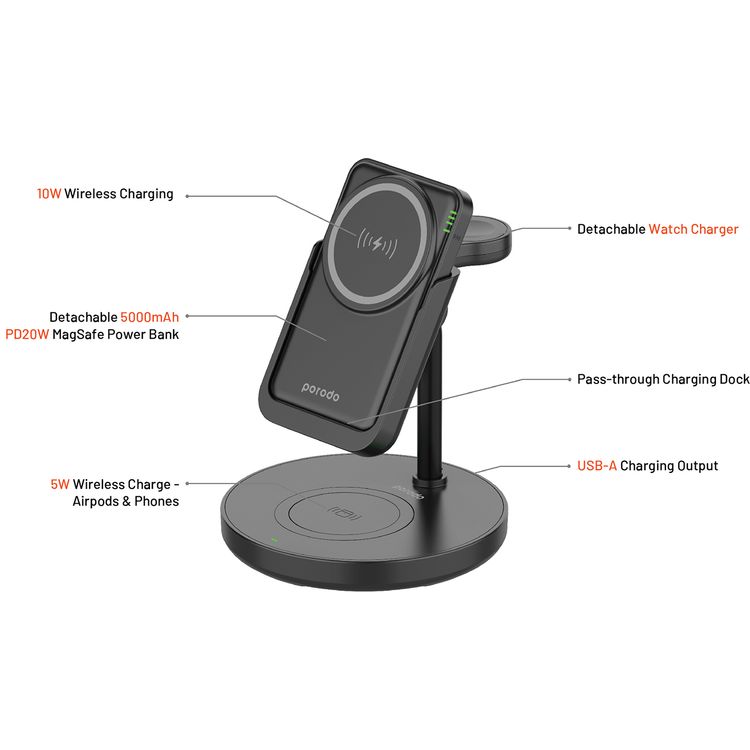 Porodo 5000mAh 4-in-1 MagSafe Power Bank Dock with 10W Wireless Charging, Simultaneous Charging, 2W Watch Output, 5W Earbuds Output, 27W USB-C Input, Detachable Power Bank - Black