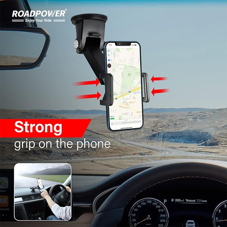 حامل الهاتف المحمول للسيارة من ROADPOWER، حامل الهاتف على الزجاج الأمامي، قبضة قوية، كوب شفط لاصق