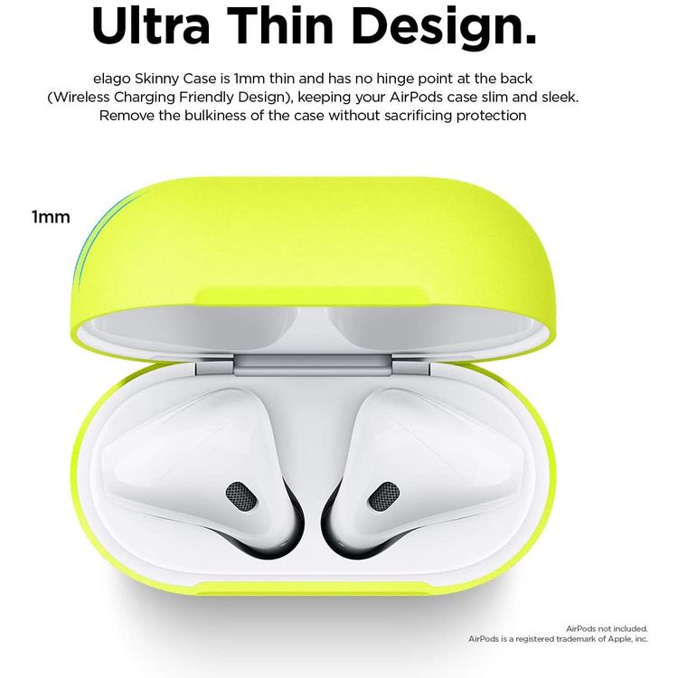 Elago Basic Skinny Case for Apple AirPods 1&2 Generation, Upgraded Premium Silicone, Front LED Visible, Dustproof Protective Cover, Compatibility With Wireless Chargers Neon Yellow