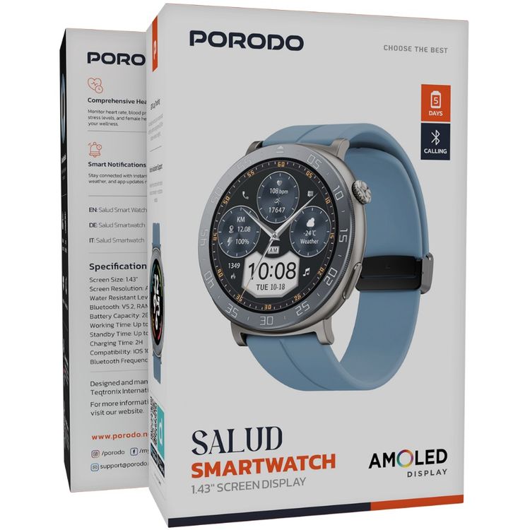Porodo Salud Smart Watch with 1.43" HD Screen Size, 280mAh Battery Capacity, Up to 5 Days Working Time, Up to 30 Days Standby Time, 2 Hours Charging Time, GPS Log Tracking, Camera Shutter, Sleep & Stress Management, Smart Connectivity, Durable & Lightweight - Blue