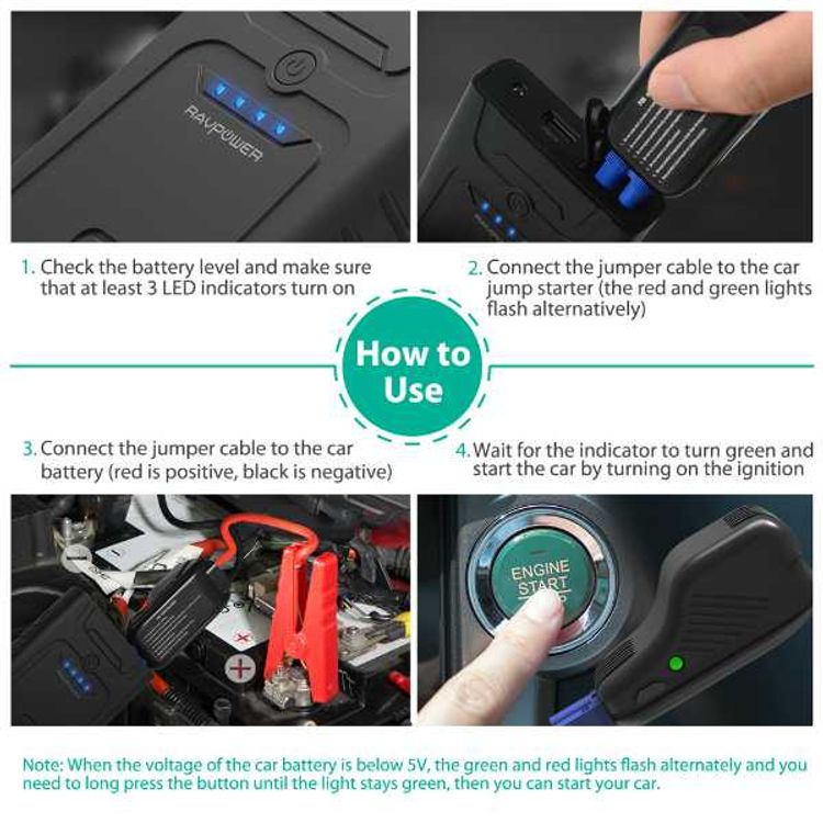 RAVPower Portable & Powerful Car Jumper Starter 10000mAh 400A Power Bank - Built-in  LED Flashlight & LCD Display - iSmart 2.0 Technology with Overcharge Protection - Black