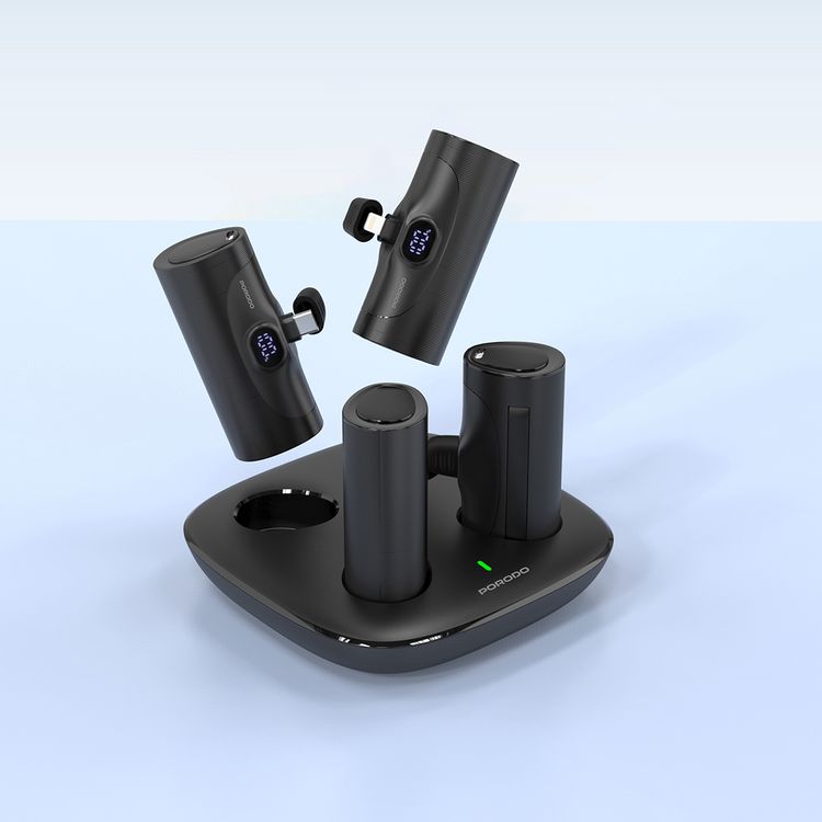 Porodo 5000mAh 4 in 1 Power Bank Station with Dual Lightning and Type-C Integrated Connectors, 20W PD, Portable, Integrated Kickstand, LED Digital Display - Black 