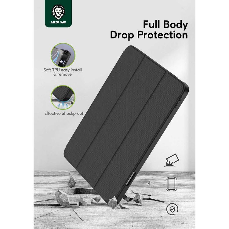 Green Lion Hogo Premium Case with Pencil Holder for iPad 10.2", Stable Trifold Stand, Full Body Drop Protection, Soft TPU Easy Install & Remove, Effective Shockproof - Black