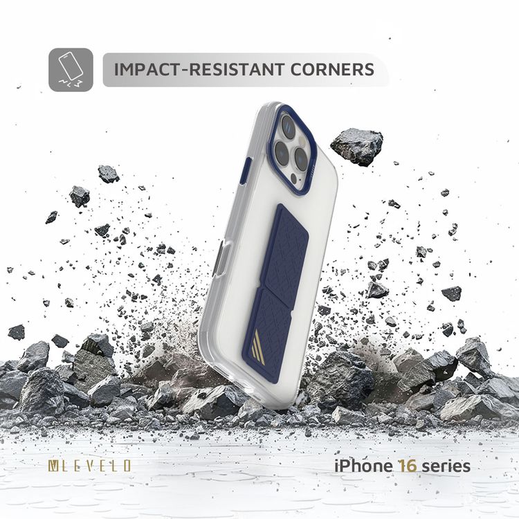 Levelo Morphix Clara Case for iPhone 16 Pro, Hybrid Material, Impact-Resistant Corners, Built-in Leather Grip, Metal Camera Ring - Blue