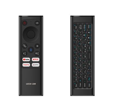 جهاز Green Lion Wireless Remote Pro مع لوحة مفاتيح وفأرة، اتصال 2.4G + بلوتوث، دقة 1200 DPI، منفذ شحن Type-C، مساعد صوتي، 61 مفتاح للوحة المفاتيح، سعة بطارية 300mAh، لوحة مفاتيح صغيرة – باللون الأسود.