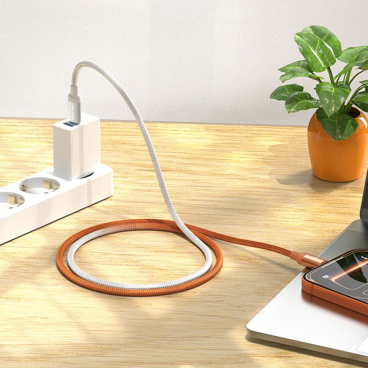 Green Lion Duo Color Braided USB-C to USB-C Cable with 480Mbps Data Transfer Speed, 1m Cable Length, Laptop Compatible, Charge & Sync, Aluminum Alloy Shell Connector, Two-Tone Gradient Design - Orange