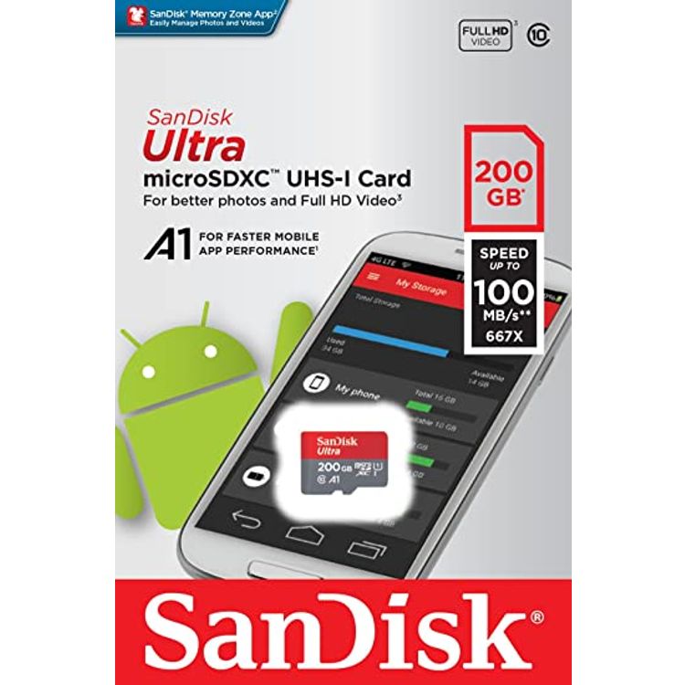 SanDisk 200GB Ultra microSDXC UHS-I Memory Card with Adapter - 100MB/s, C10, U1, Full HD, A1, Micro SD Card - SDSQUAR-200G-GN6MA