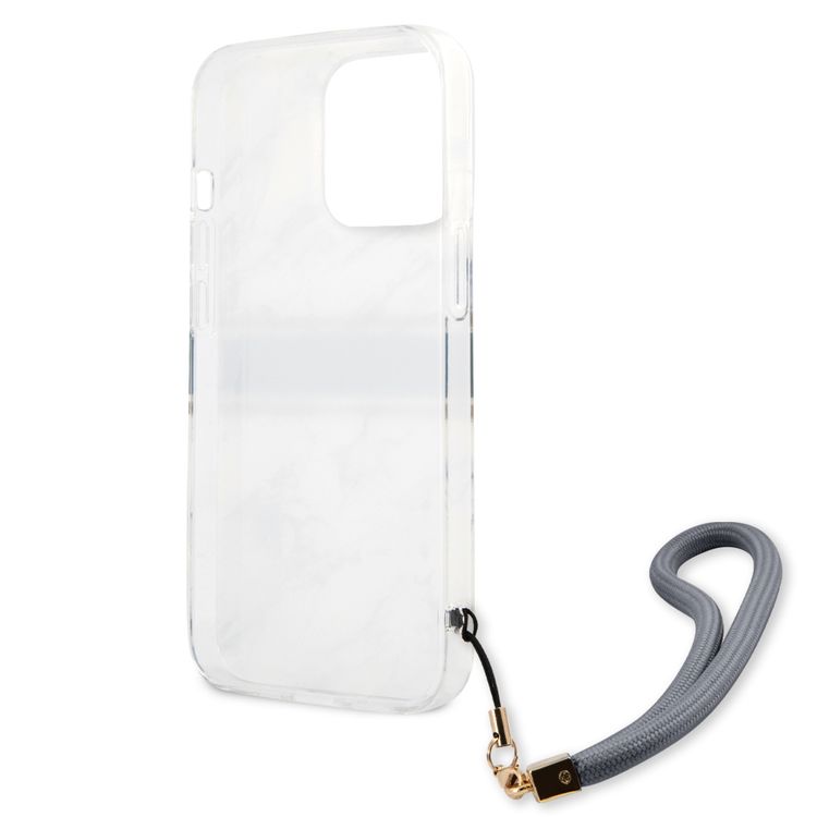 CG MOBILE Guess PC/TPU Case Marble Design & Stripe with Anti-Lost Nylon Strap Compatible for iPhone 13 Pro Max (6.7") Suitable with Wireless Chargers Officially Licensed Blue