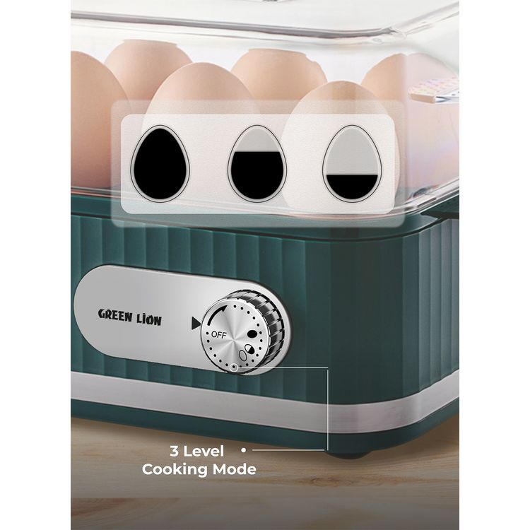 Green Lion Smart Egg Cooker with 1-6 Eggs Capacity, Jog Dial Control, 3-Level Cooking Mode, 400W Rated Power, Portable & Compact Design, Easy & Fast Cooking - Green