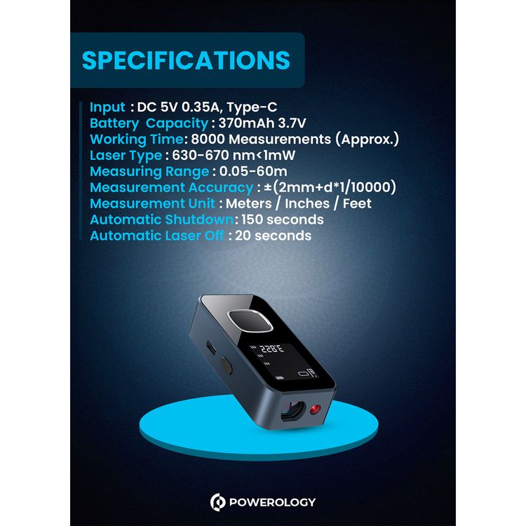 Powerology Smart Laser Measurement Tool with Up to 60m Distance Measurement, 370mAh Battery Capacity, Compatible with Meters, Inches & Feet - Blue