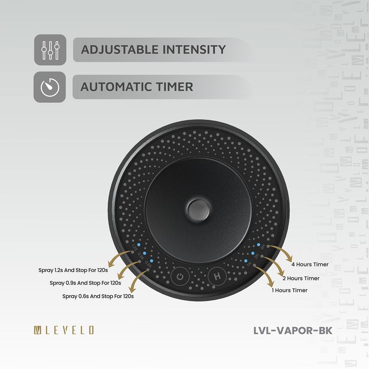 Levelo Car Aroma Diffuser Vapor, Aluminum & Plastic Material, 400mAh Battery Capacity, 9 Hours Working Time, 1 Hour Charging Time - Black