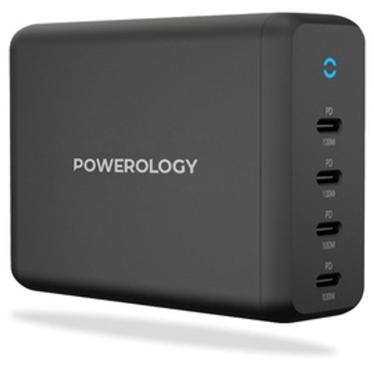 Powerology 165W GaN Desktop Charger with 4X PD Port UK AC Cable PD 100W - Black