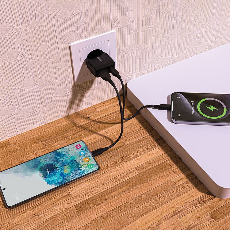 Porodo Dual-Port Mini Wall Charger with USB-A & USB-C Ports, PD 20W, EU 2-Pin Plug, Fireproof PC Material, Fast Charge Support - Black