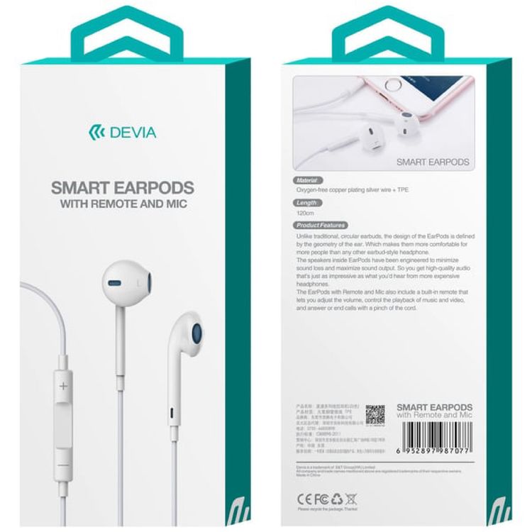 Devia Smart Earpods with Remote and Mic 3.5mm - White