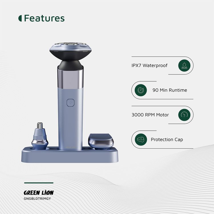 Green Lion 3-in-1 G-Blade Trimmer with Digital Display, 90 Minutes Working Time, 5W Power, Stainless Steel Blade, 600mAh Battery, Travel Lock, Shaver, Hair & Nose Trimmer - Gray