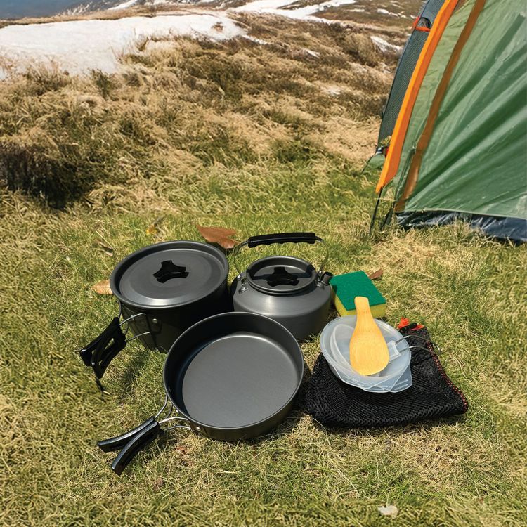 Green Lion 7-in-1 Camping Cookware with Heat-Resistant Handles, Wooden Shovel & Sponge, Foldable Soup Spoon, Food-Grade Material, Easy to Store & Carry, Foldable & Lightweight - Black