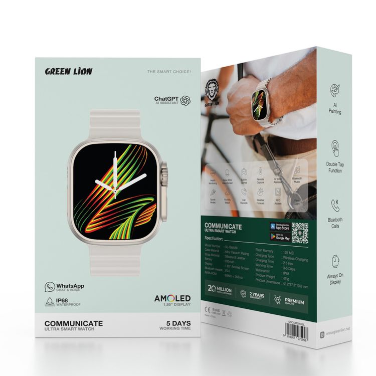 Green Lion Communicate Ultra Smart Watch with 1.85" Amoled Screen Dispaly, 280mAh Battery Capacity, Wireless Charging, AI Voice Assistant, 125 MB Flash Storage, 3-5 Days Working Time - Silver
