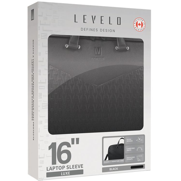 Levelo Luxe 16" Laptop Sleeve, Secure Closure, Padded Design, Ample Space - Black