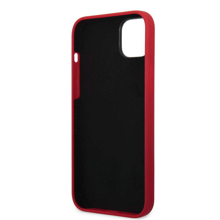 Ferrari Liquid Silicone Case with Black Camera Outline & Metal Logo iPhone 14 Plus Compatibility - Red