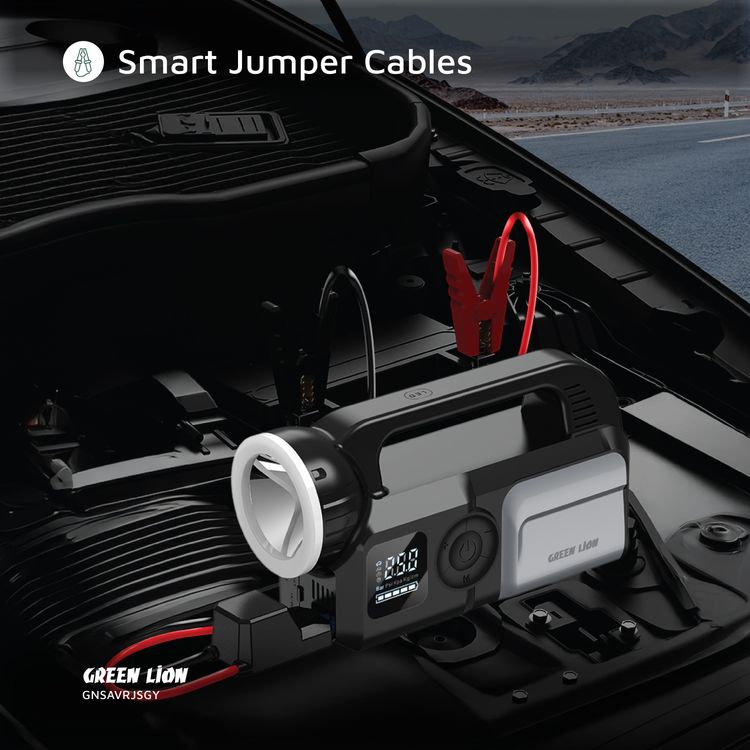 منقذ الأسد الأخضر مشغل بدء التشغيل 12V بسعة بطارية 24000 مللي أمبير، مصباح يد بقدرة 10 واط و2000 لومن، منفذي USB-A، منفذ Type-C، حماية متعددة، سيارات البنزين ذات المحرك 12V/8L - رمادي