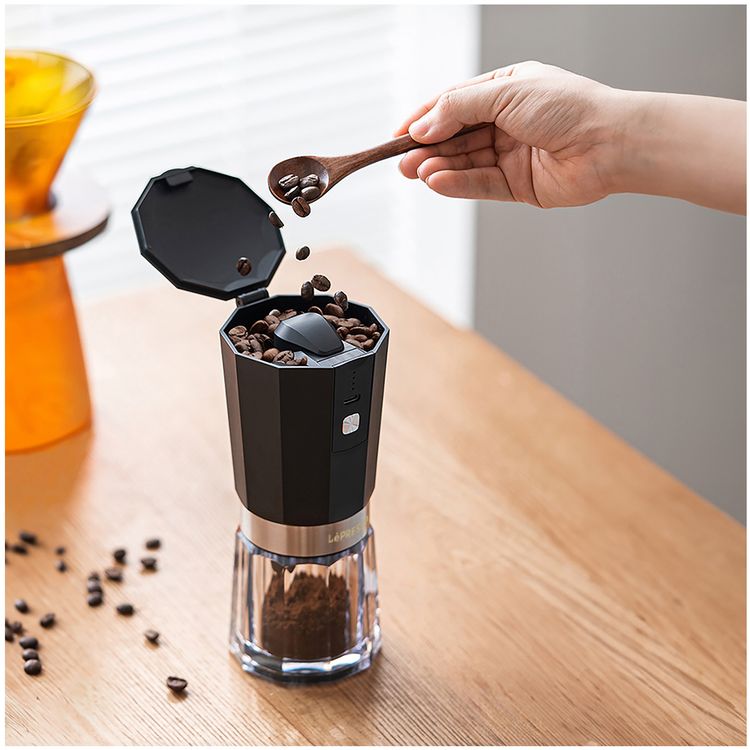 LePresso Rechargeable Coffee Grinder with 35g Capacity, 40 Cups per a Single Charge, 420ss High-Grade Steel, 800mAh Battery, 18W Rated Power - Black