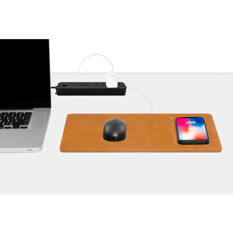 Powerology PU Leather Qi Wireless Charging Mouse Pad 10W, Case-Friendly, Fast Wireless Charging Mouse Mat Compatible for 12/12 Pro/12 Pro Max/11/11 Pro/11 Pro Max, Samsung Galaxy S10/S9/S8/Note 10 - Cognac
