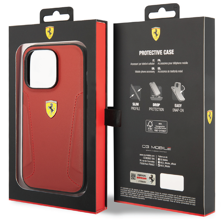 Ferrari Leather Case With Hot Stamped Sides & Yellow Shield Logo - iPhone 14 Plus - Red