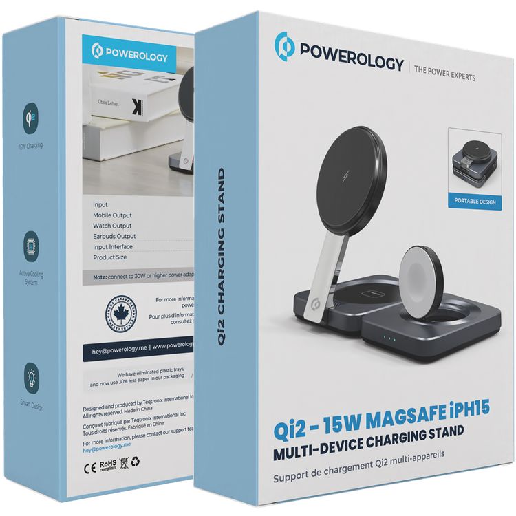 Powerology 3-in-1 Multi-Device Charging Stand with Active Cooling System, 15W Wireless Charging, Type-C Port, Smart & Portable Design, MagSafe Compatibility - Black