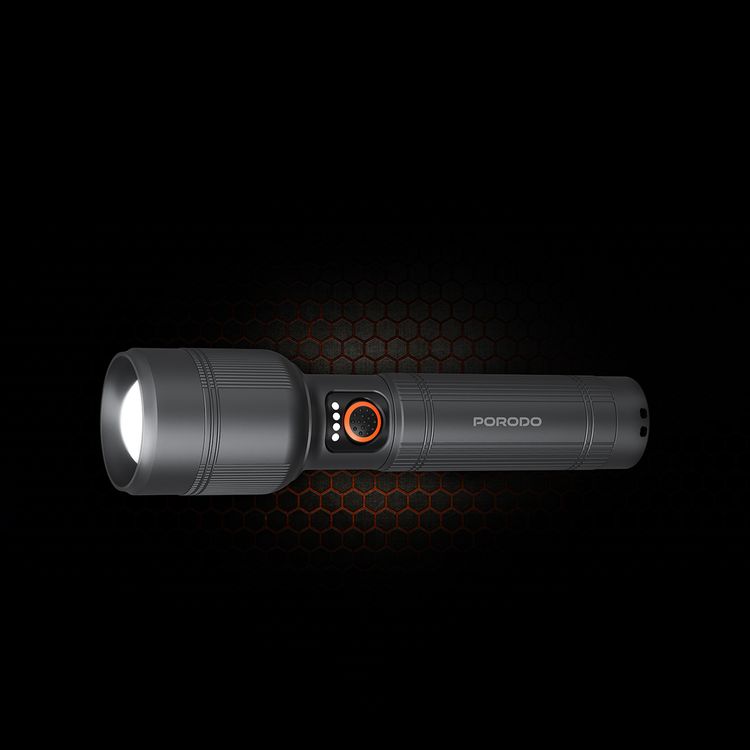 Porodo Rechargeable Flashlight with 500m Coverage, 150 Lumens Brightness, 2000mAh Battery Capacity, Type-C Charging Port, 84 Minutes Working Time, 4 Hours Charging Time, 500m Beam Distance, Multiple Mode Operation - Gray 
