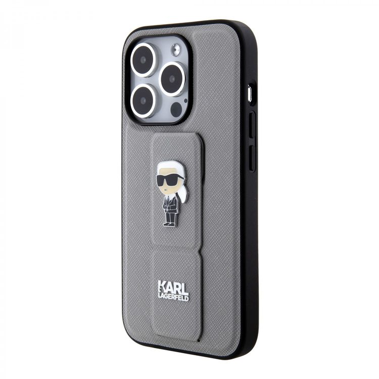 Karl Lagerfeld Saffiano Leather Grip Case With Karl Ikonik Logo - Silver - iPhone 15 Pro Max