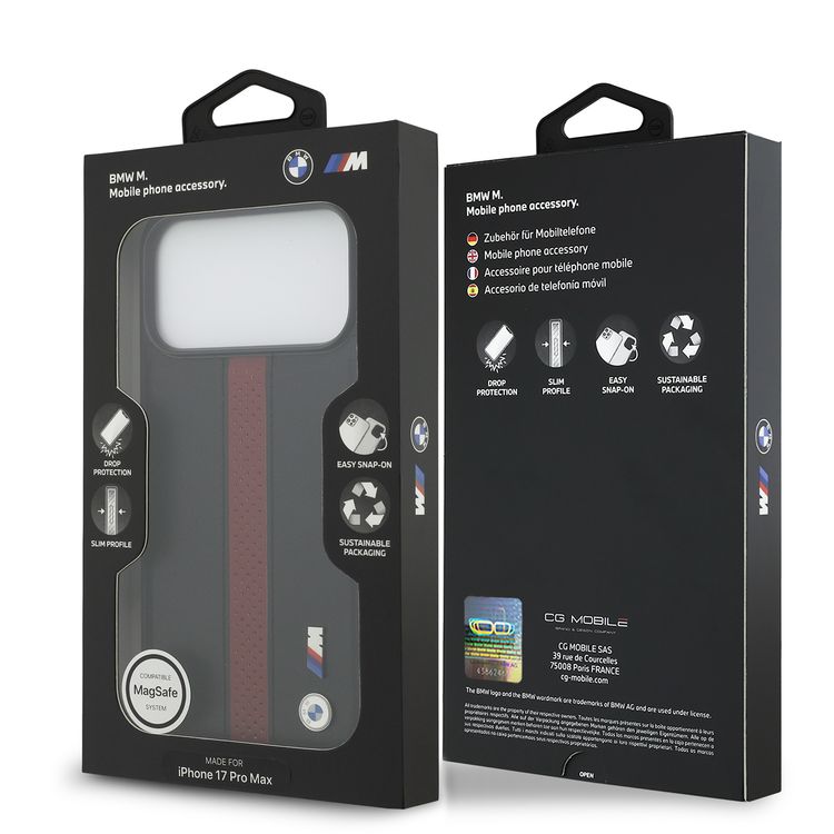 BMW PU Leather Case with Perforated Stripes & Metal Logos for iPhone 17 Pro Max, MagSafe Compatible, Sustainable Packaging, Drop Protection, Slim Profile, Easy Snap-On Design - Black / Red