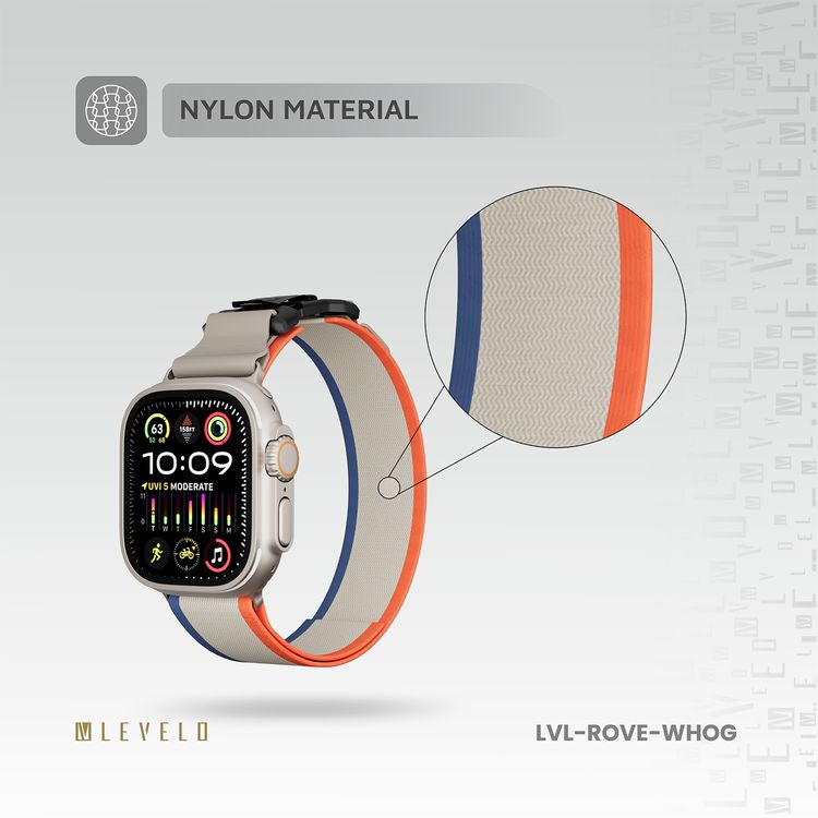 Levelo Rove Nylon Watch Strap with Magnetic Buckle, Compatible with 49/46mm Smartwatches & Apple Watch SE, Series 9, 8, 7, 6, 5, Abrasion Resistance, Hypoallergenic Material, Easy Snap-On & Quick Release Mechanism, Water-Resistant, Sweat-Resistant, 24/7 Wearability - White / Orange