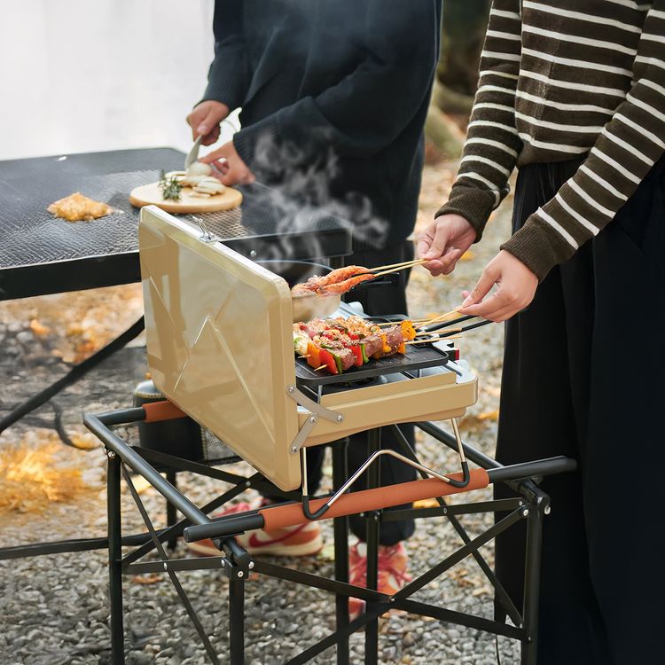 Porodo Dual-Burner Foldable Camping Stove with Instant Electronic Ignition, 2500W Thermal Load, Precision Flame Control, 4.5mm Stainless Steel Cooking Grid, Iron Body with Powder Coating Material - Khaki