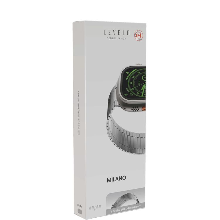 Levelo Milano Watch Strap for Apple Watch 49/45 mm, Lightweight & Highly Durable, Adjustable Links, Hypoallergenic Material, Anti-Oxidation Technology - Silver