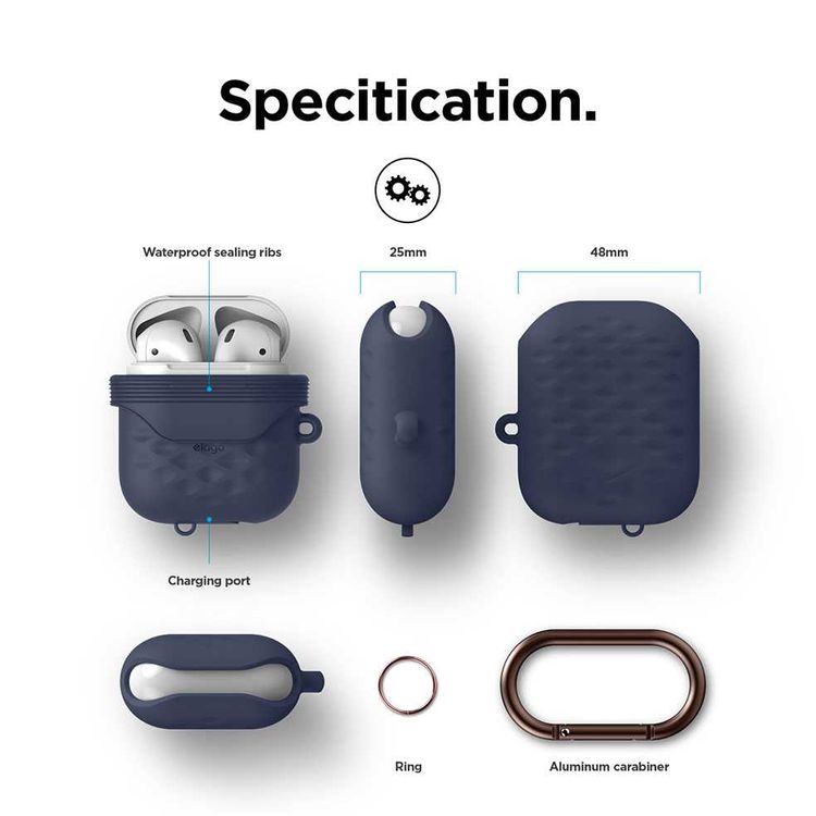 Elago Waterproof Active Case Compatible for Apple Airpods, Waterproof & Dustproof, Convenient for Charging, Aluminum Carabiner for Belt Strap/Bag, Impact Resistant - Jean Indigo