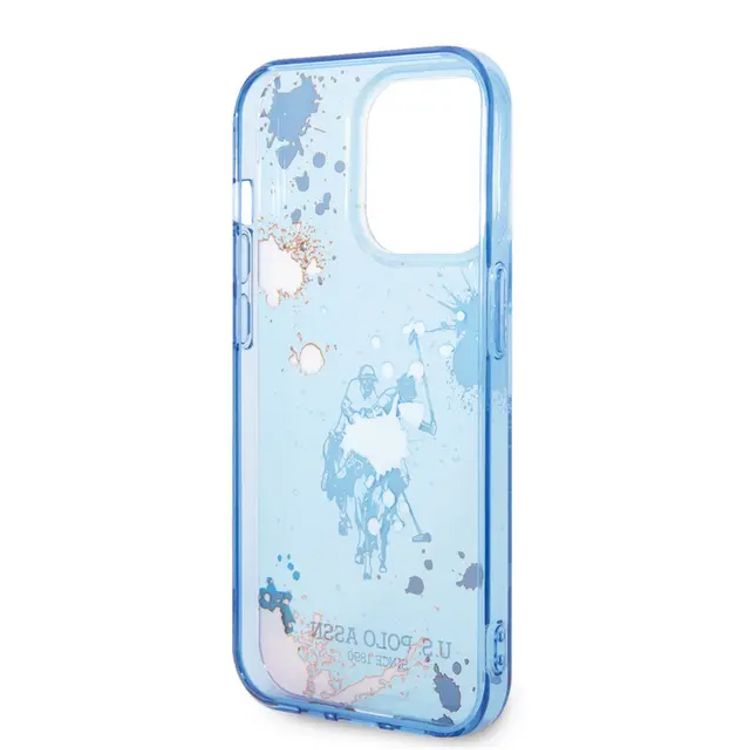 USPA PC/TPU Case with Splatter Pattern & Horse Logo iPhone 14 Pro Max Compatibility - Blue