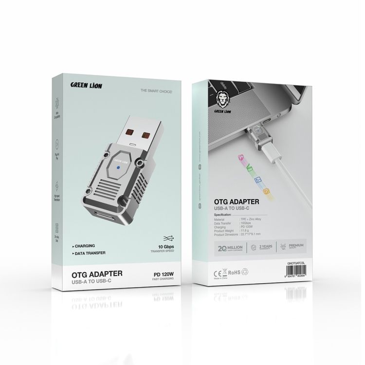  Green Lion USB-A to USB-C OTG Adapter with TPE + Zinc Alloy Material, Plug and Play, High-Speed Transmission - Silver 