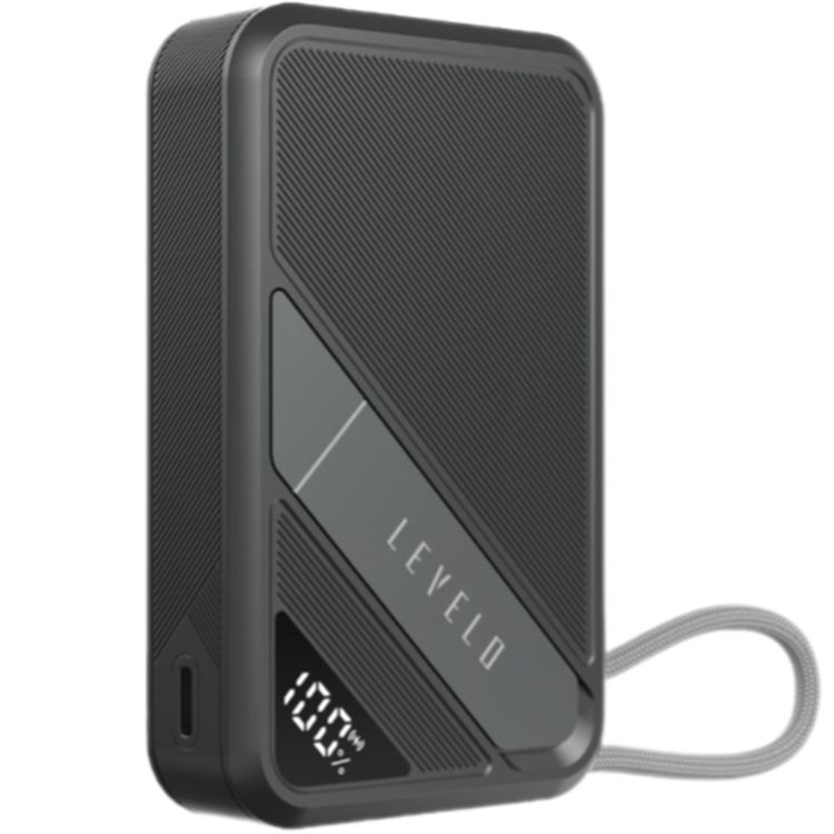 باور بانك Levelo Air Link 10000mAh MagSafe مع حامل وInt، وكابل إدخال/إخراج Type-C مدمج، وحامل مدمج، وشحن سريع Qi2 15 وات، وكابل قبضة، وشحن متزامن - أسود