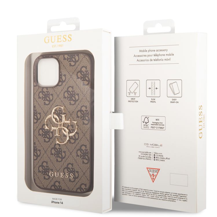 Guess PU Leather 4G Classic and Stylish Case with Big Metal Logo iPhone 14 Compatibility - Brown