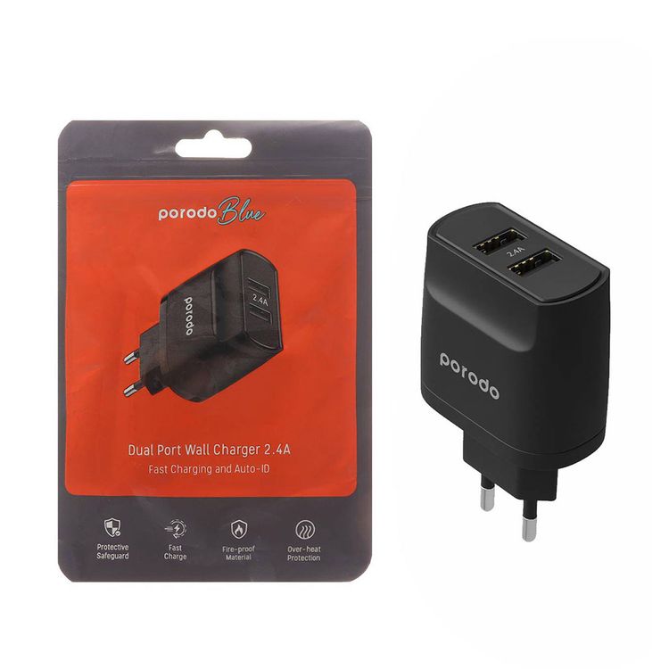 Porodo Blue Dual Port Wall Charger 2.4A with Fireproof Material, EU 2-Pin Plug, Overheat Protection, Overheat Protection, 100-240V Input - Black