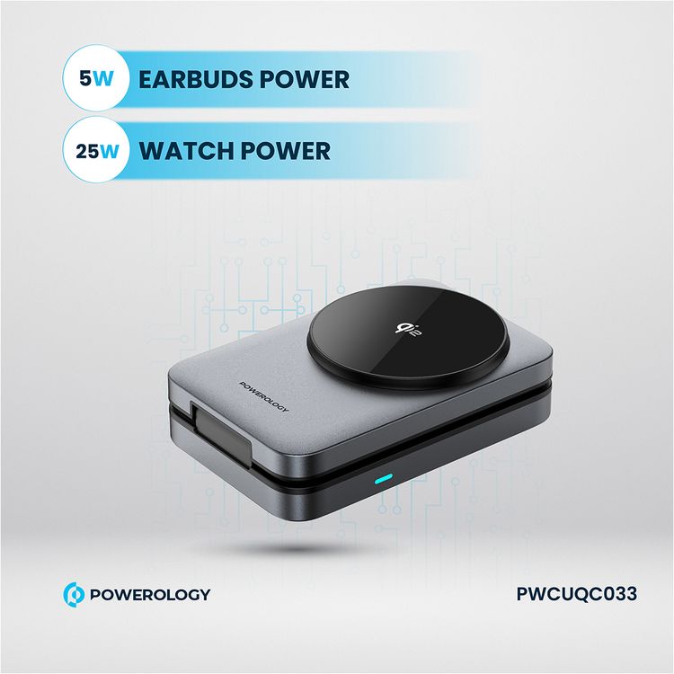 Powerology 3-in-1 Foldable Wireless Magnetic Charging Hub, Fast Charging, Multi-Device, Horizontal & Vertical View, Type-C Input Interface, Lightweight & Portable, Qi2 for iPhone 15 & 16, 15W Magsafe Power, 2.5W Watch Power, 5W Earbuds Power, 9V/3A & 12V3A Input, Foldable Design - Black