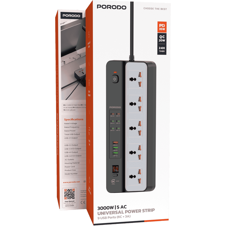Porodo 3000W Universal Power Strip with 5×AC Sockets, 6×Type-C Ports, 3×USB-A Ports with QC 20W, 35W Power Delivery, 24-Hour Timer, Built-in Surge Protection, Fireproof PC Material, UK 3-Pin Plug with 3m Cord Length, Multi-Device Charging - Black