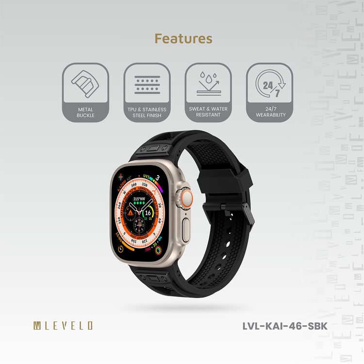 Levelo Kai Watch Strap, Apple Watch SE 9/8/7/6/5 (46/49mm), TPU + Metal Buckle, Hypoallergenic, 24/7 Wearability - Stealth Black