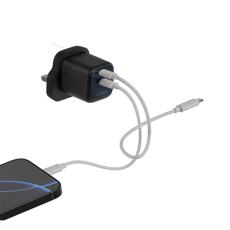 Levelo Vero GaN 45W Double Port Adapter with 2× Type-C Ports, UK Power Plug, Over Charge Protection, Fast Charging, Laptop Charger - Black / Blue