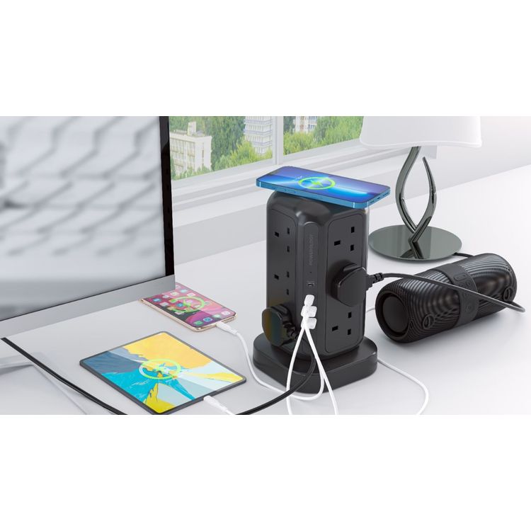 Powerology 12 Socket Multi-Port Tower Extension & Charge - Black